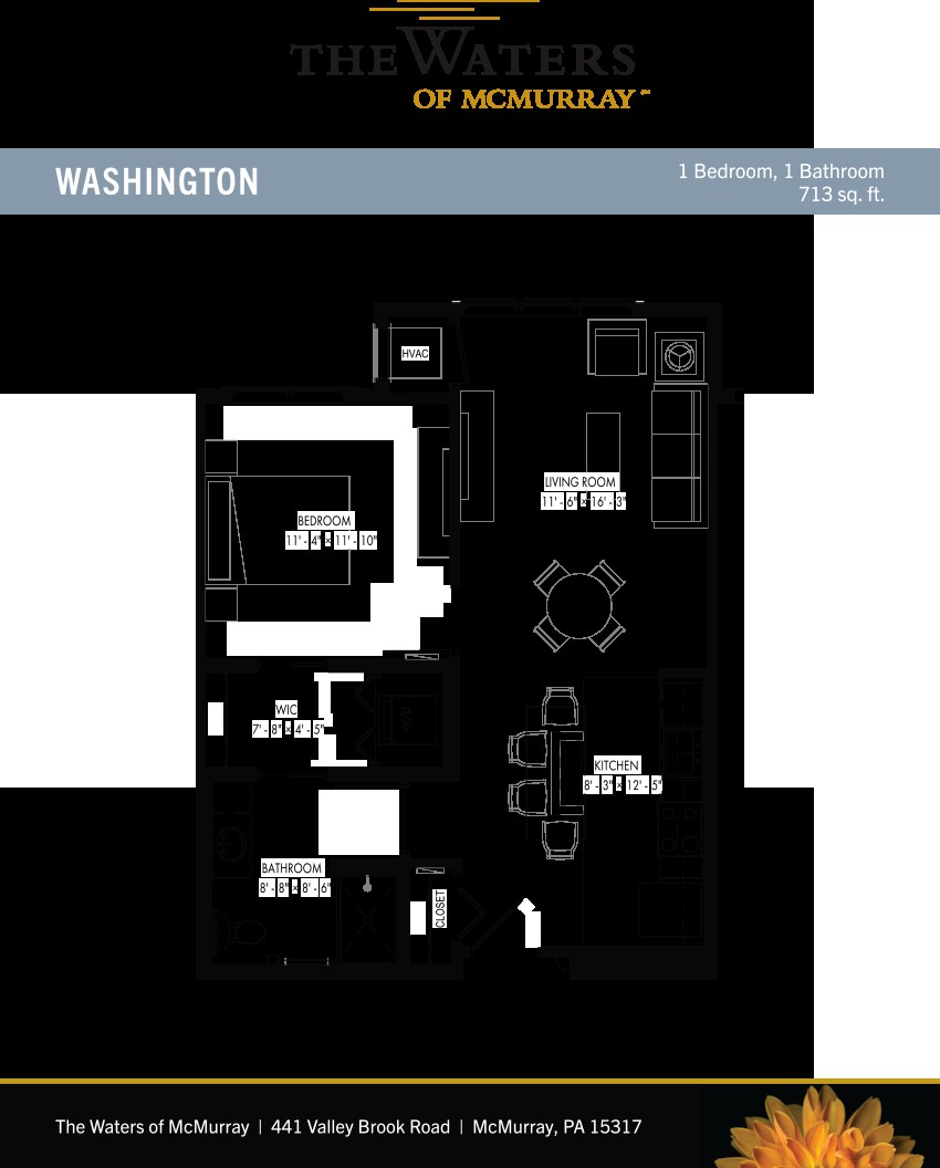 A floor plan of a Washington-style home featuring 2 bedrooms and 1 bathroom.