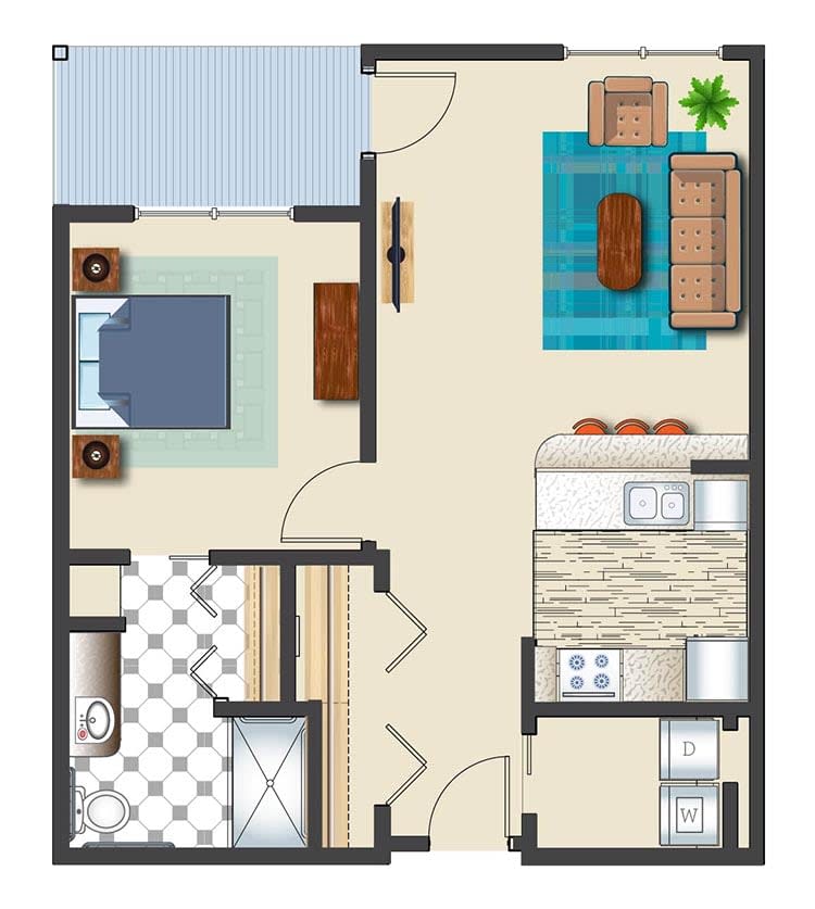 A one-bedroom apartment floor plan with a living room, kitchen, and bathroom.