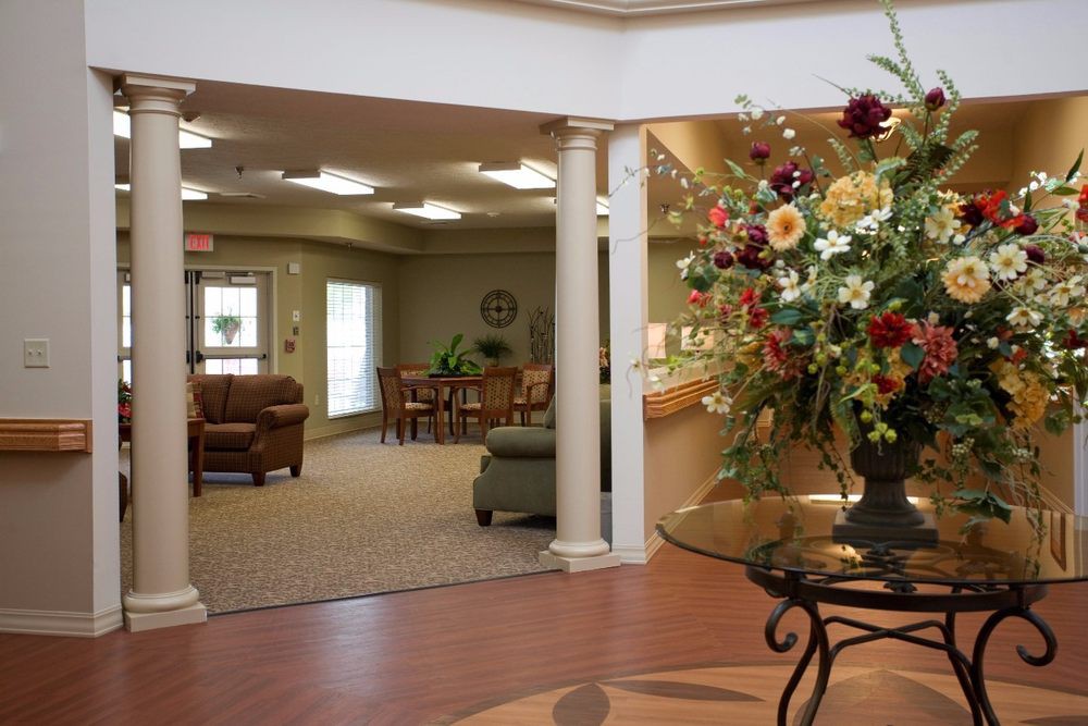 A welcoming lobby with elegant decor and a seating area.