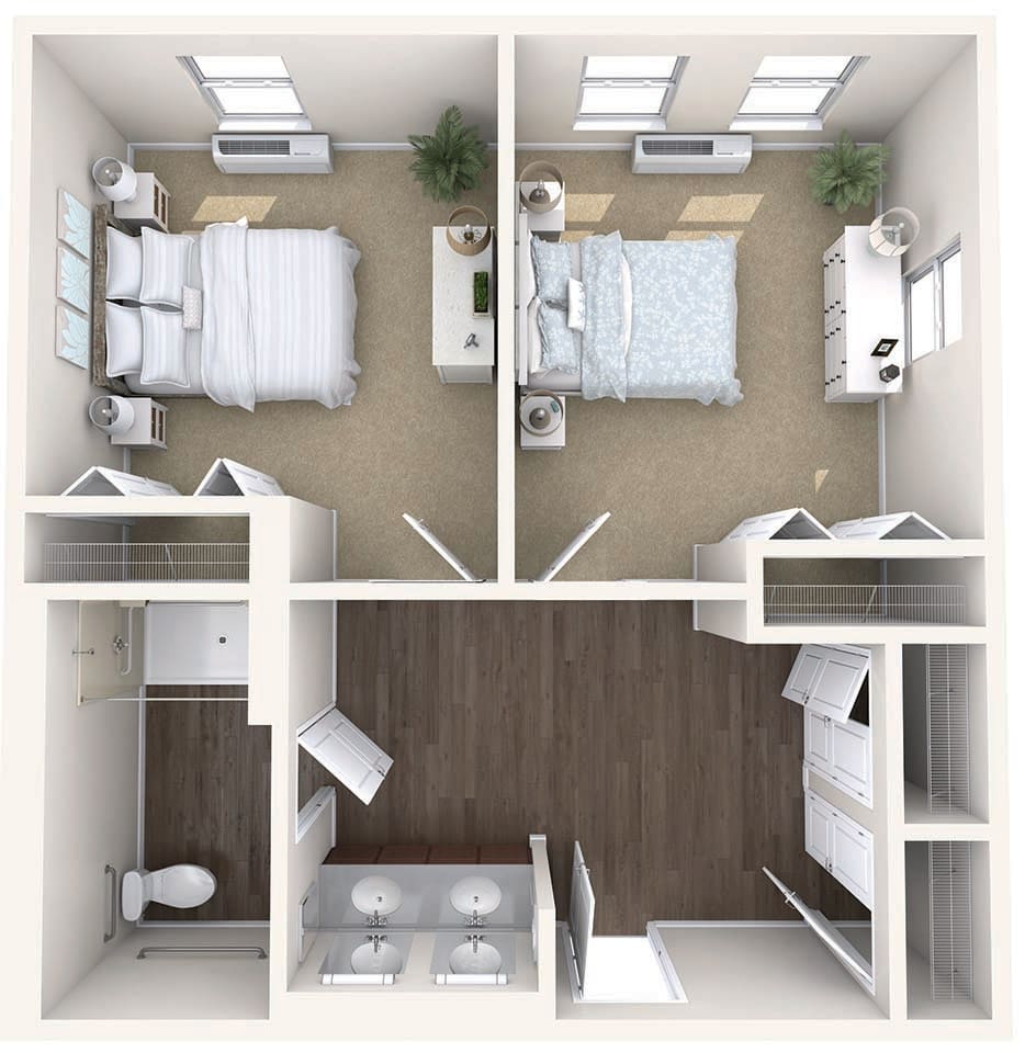 A 3D floor plan of a two-bedroom apartment with a shared bathroom and living area.