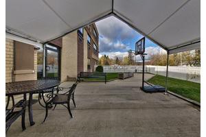 A spacious patio with outdoor seating, a portable basketball hoop, and a view of the backyard under a cloudy sky.