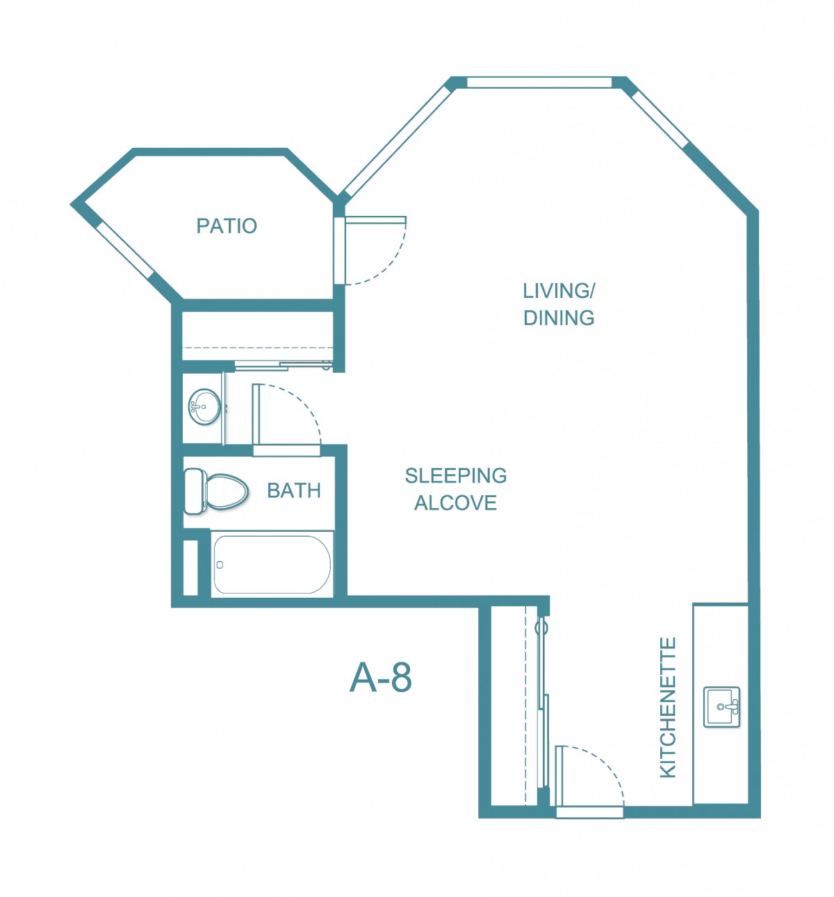 A floor plan of a studio apartment with a living/dining area, sleeping alcove, kitchen, bathroom, and patio.