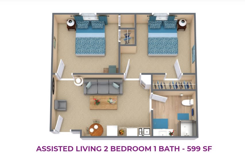 A floor plan of an assisted living apartment with 2 bedrooms and 1 bathroom.