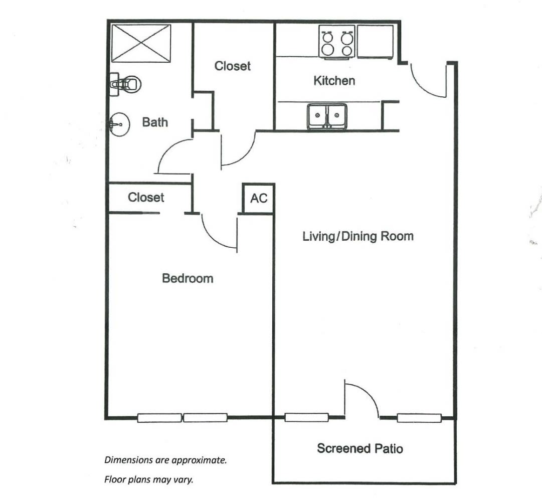A floor plan of a one-bedroom apartment featuring a kitchen, living/dining room, bathroom, closets, and a screened patio.