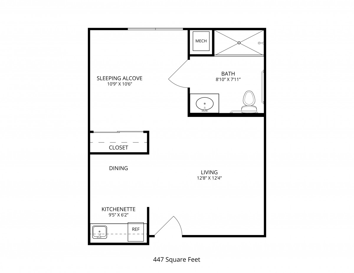 A simple floor plan of a studio apartment with a living area, kitchen, and bathroom.
