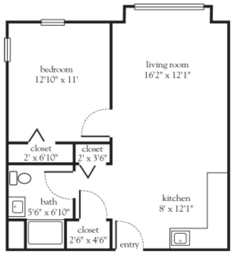 A floor plan of a one-bedroom apartment with labeled dimensions for each room.
