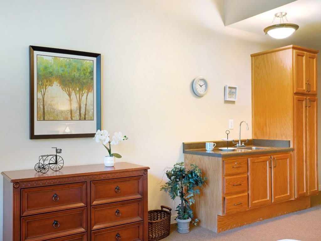 A cozy interior with wooden cabinets, a dresser, and decorative elements including a framed artwork and a potted plant.