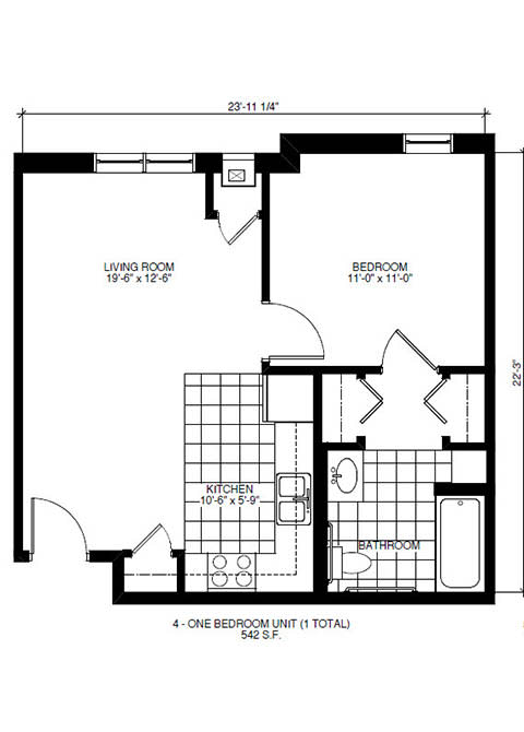 Floor plan of a one-bedroom apartment.