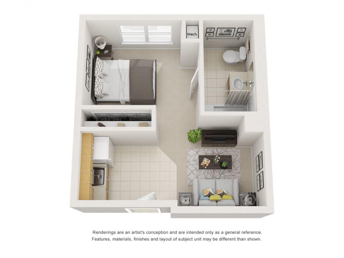 3D floor plan of a one-bedroom apartment layout with living room, kitchen, and bathroom.