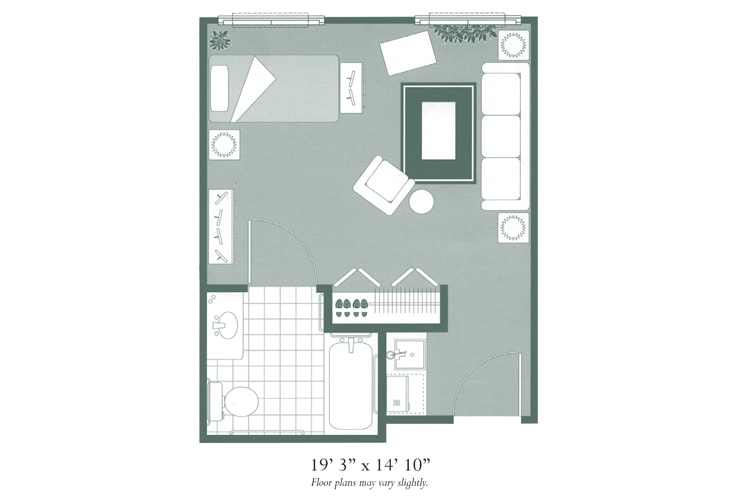 A floor plan of a compact studio apartment with a combined living and sleeping area.