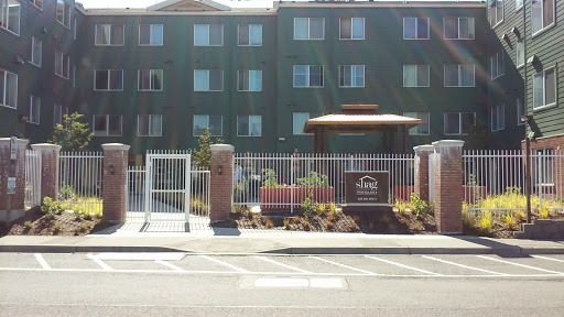 Exterior view of a hotel with green walls and landscaped entrance.