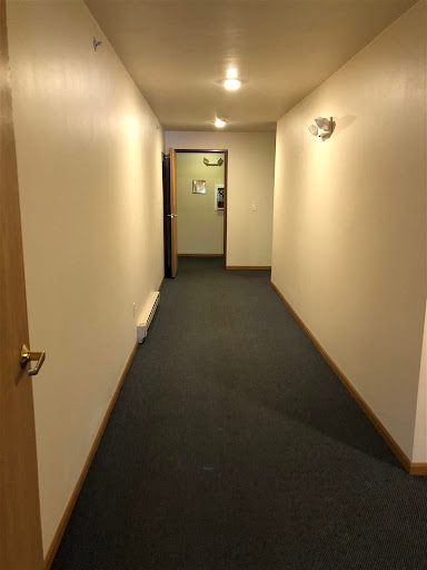 A view of a long, brightly lit hallway featuring neutral walls and a carpeted floor.
