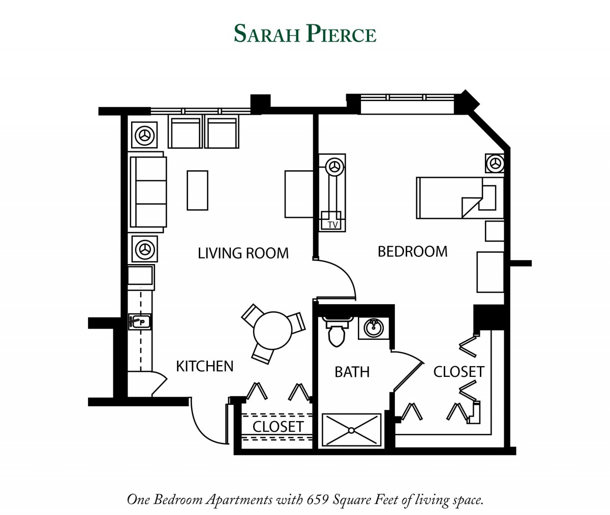 One-bedroom apartment floor plan with a living room, kitchen, bathroom, and bedroom.