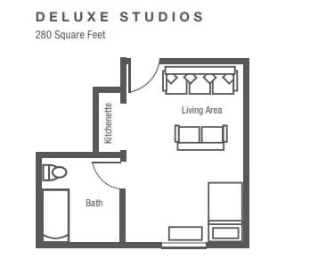 Floor plan of a 300 square foot deluxe studio apartment.