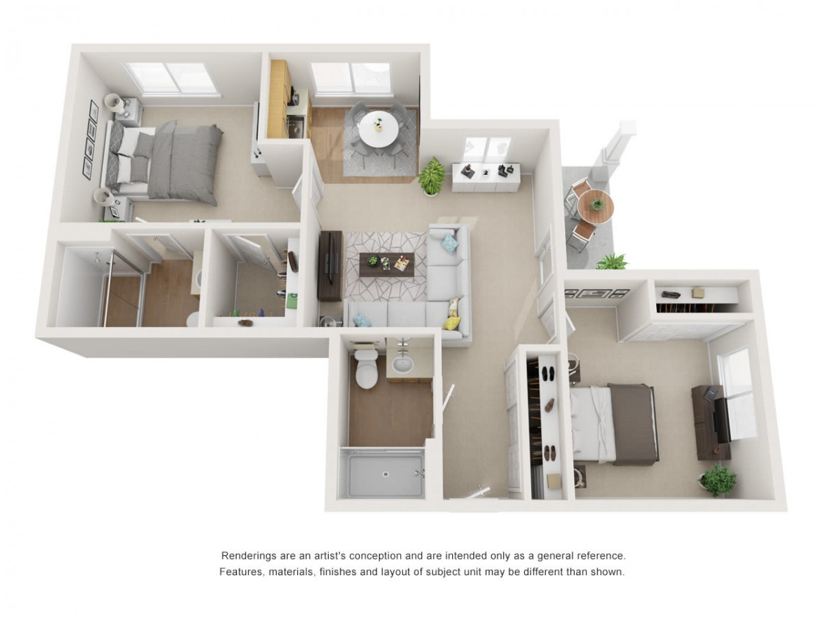 A 3D floor plan of a two-bedroom apartment showcasing the layout of rooms including a kitchen, living room, and bathroom.