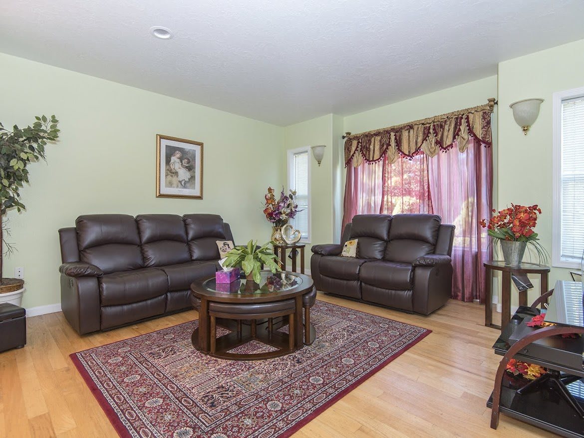 A cozy living room with leather sofas and a coffee table, adorned with indoor plants and decorated with wall art and curtains.