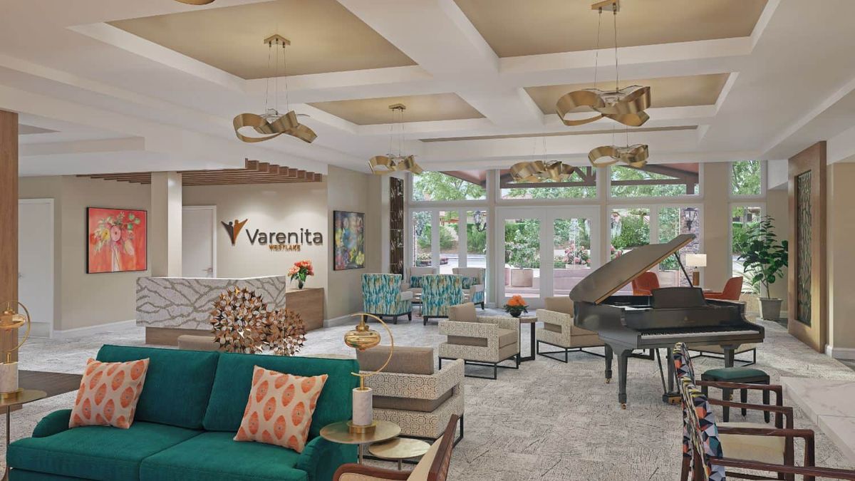 Modern lobby with stylish decor and seating area.