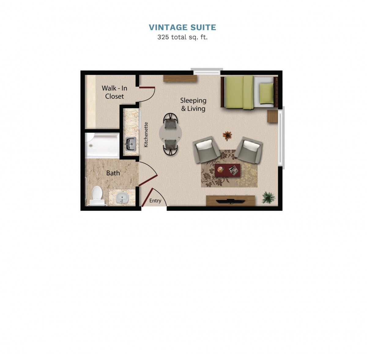 A floor plan of a vintage suite measuring 420 square feet, featuring a living area, bathroom, and walk-in closet.