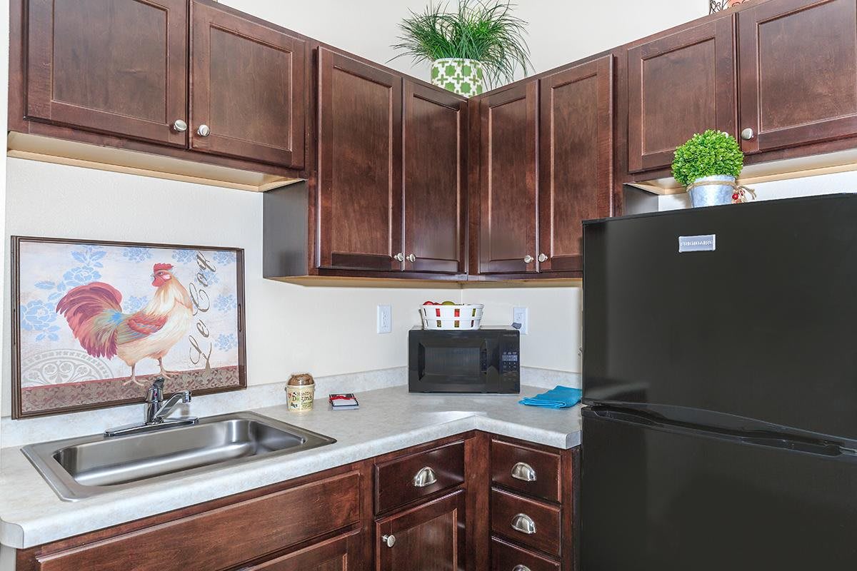 A modern kitchen with dark wood cabinets, a countertop, and appliances.