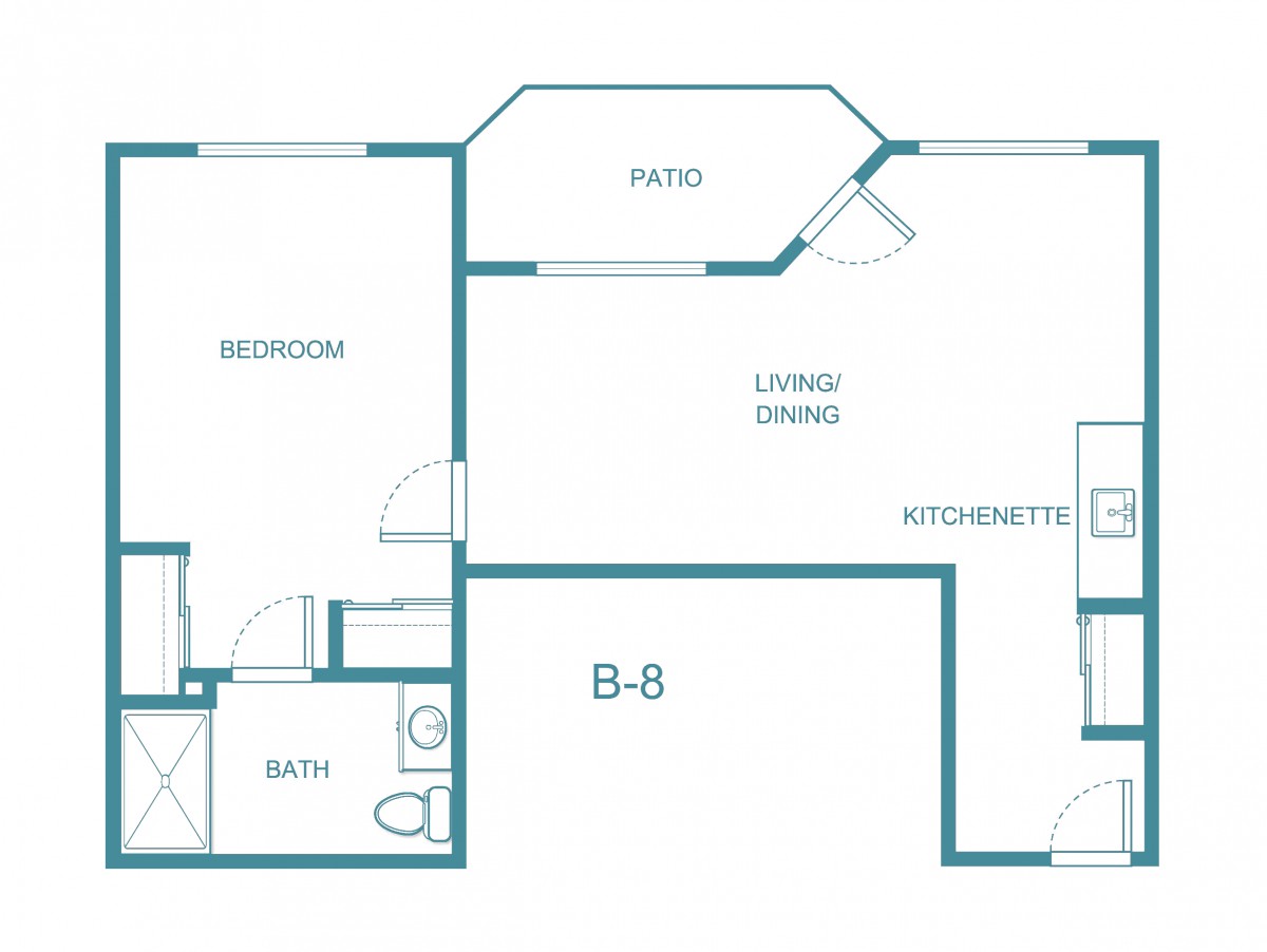 A blueprint of an apartment layout featuring a bedroom, bathroom, living/dining area, kitchenette, and patio.