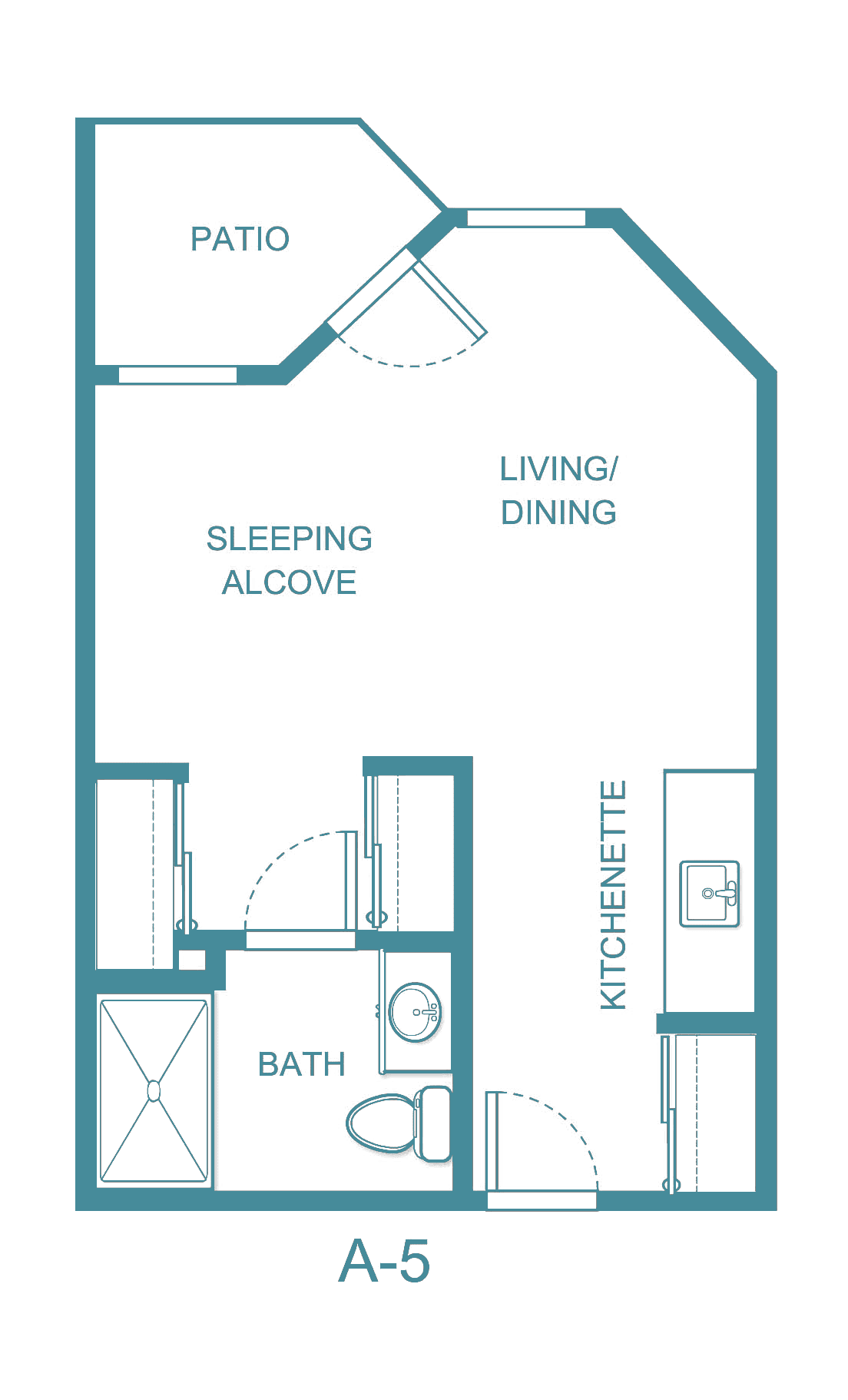 Studio apartment floor plan with a kitchenette, sleeping alcove, and bathroom.