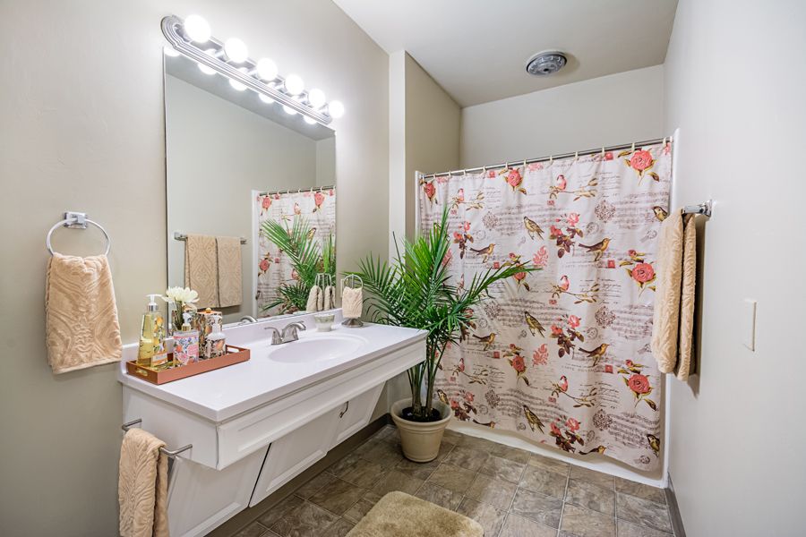 A well-lit bathroom featuring a vanity with decorative items, a potted plant, and a floral shower curtain.