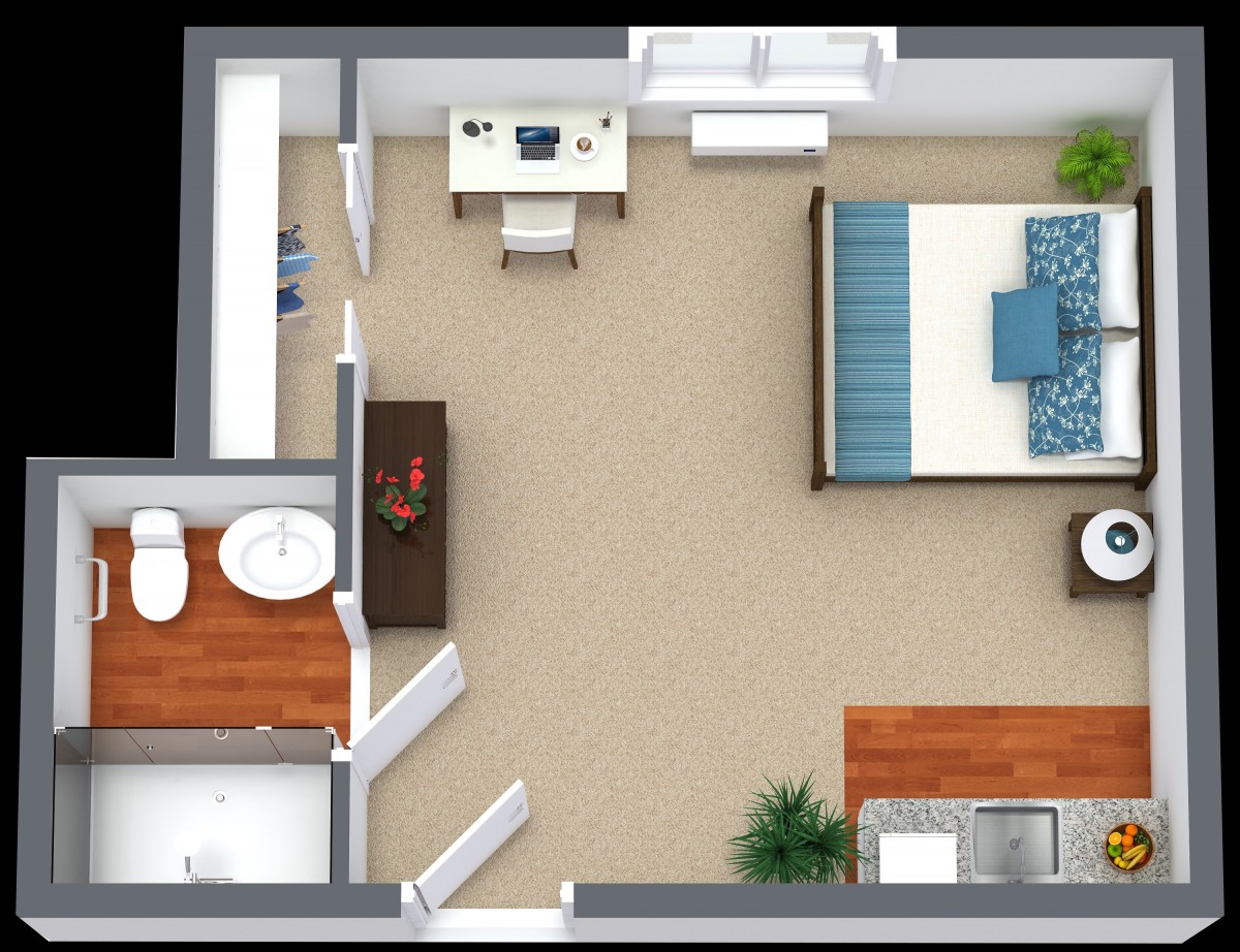 A digital floor plan of a small apartment featuring a bedroom, bathroom, and living area.