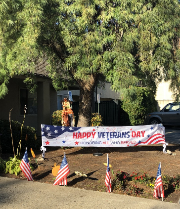 A festive display in honor of Veterans Day, featuring a large banner and American flags.