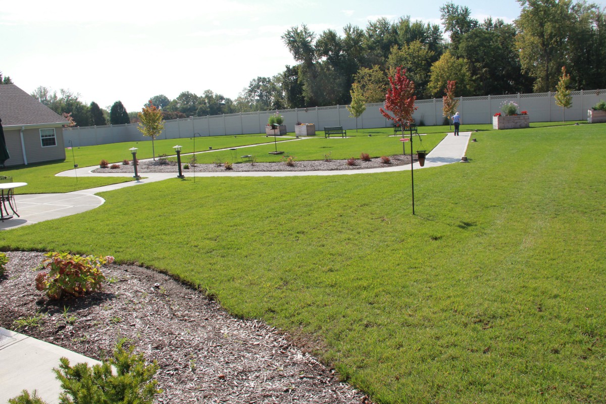 A serene park with lush green grass, a paved pathway, and scattered trees.