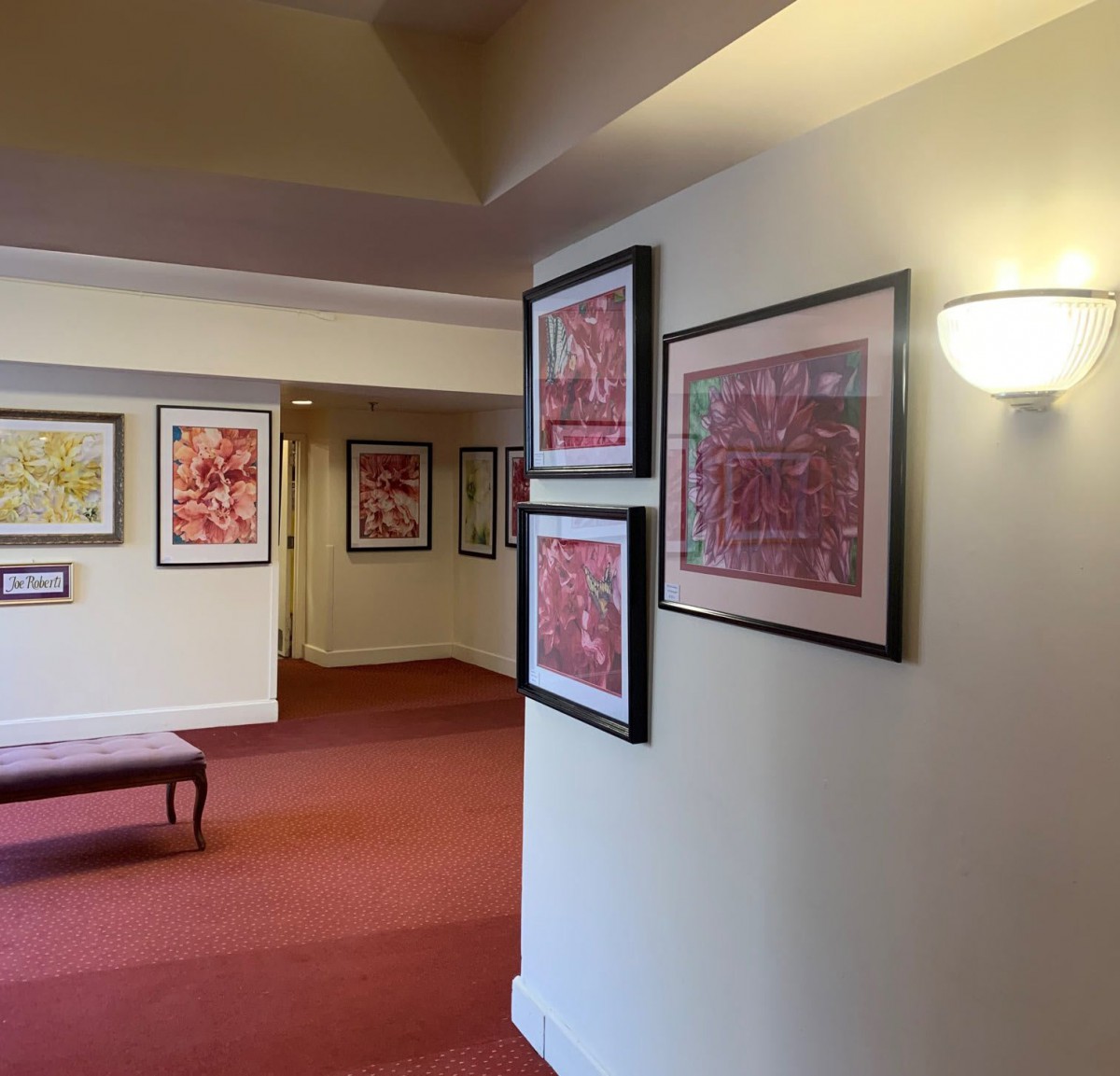 A hallway in an art gallery featuring a series of framed paintings displayed on the walls.