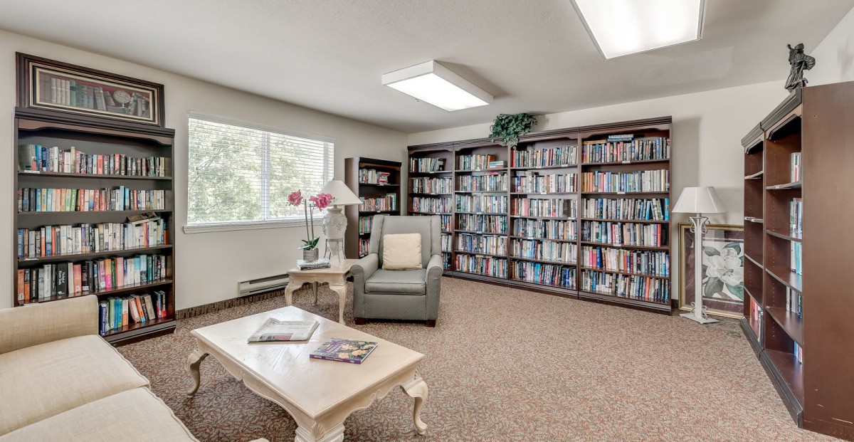 A cozy reading room with a comfortable chair, bookshelves filled with books, and a bright window.