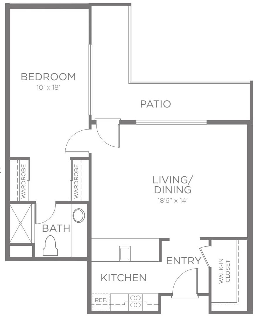 A floor plan of a one-bedroom apartment featuring a living/dining area, kitchen, bedroom, bathroom, and patio.