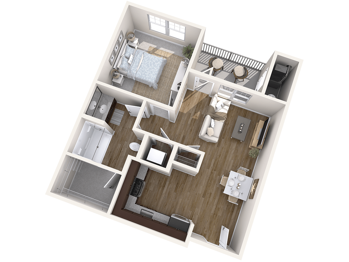 A 3D rendered floor plan of a one-bedroom apartment featuring a living room, kitchen, bathroom, and balcony.