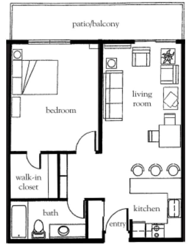 A floor plan of a one-bedroom apartment featuring a living room, kitchen, walk-in closet, and bathroom.