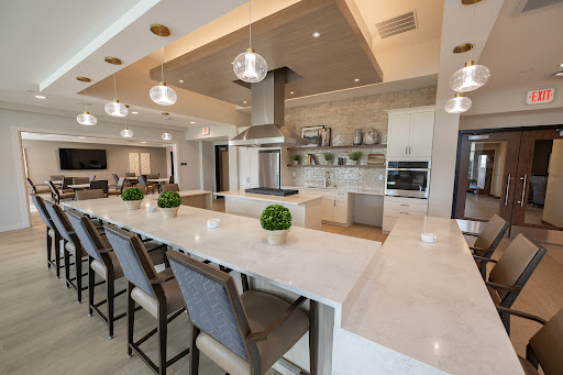A modern luxury kitchen featuring elegant design elements, spacious layout, and stylish bar seating.