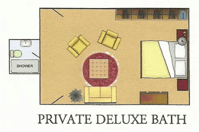 Floor plan of a private deluxe balcony room with furniture arrangement.