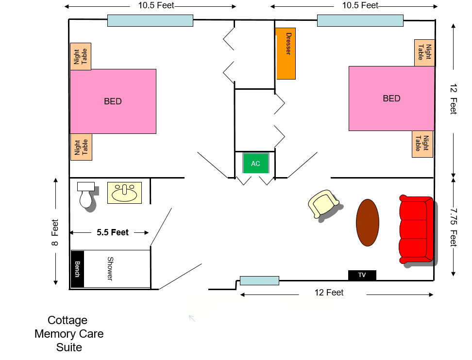 Floor plan of an assisted living suite with two bedrooms, a bathroom, and a living area.