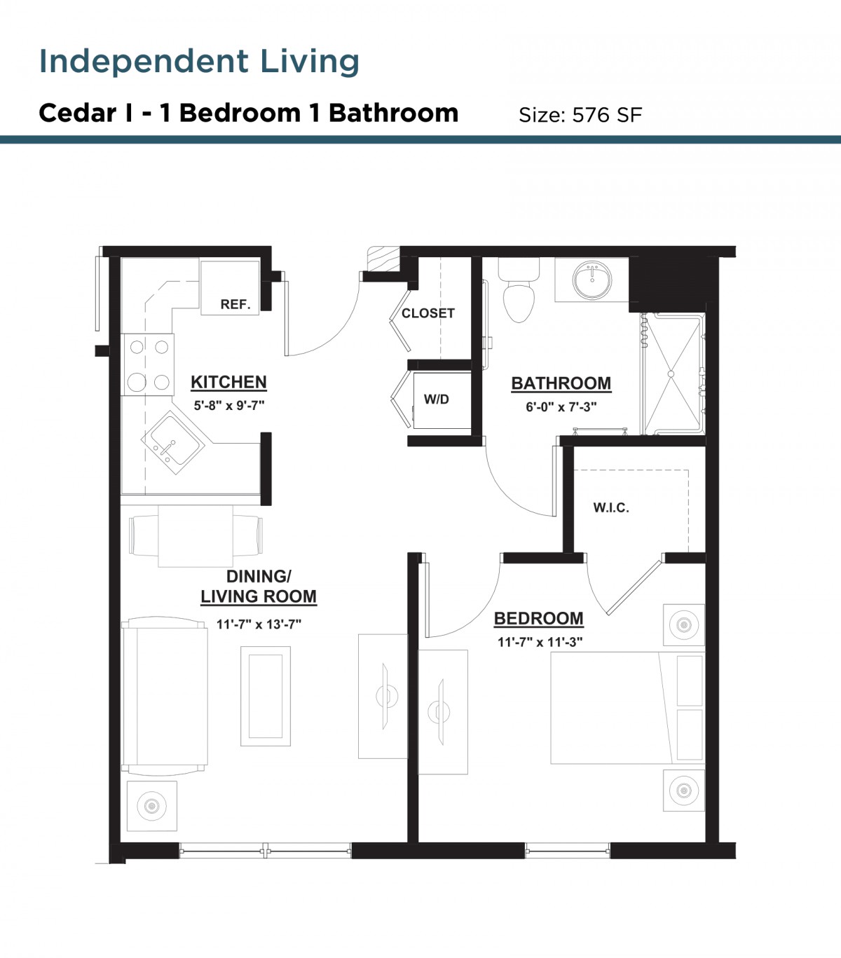A floor plan for a Cedar I apartment with 1 bedroom and 1 bathroom, featuring a living/dining area and kitchen.