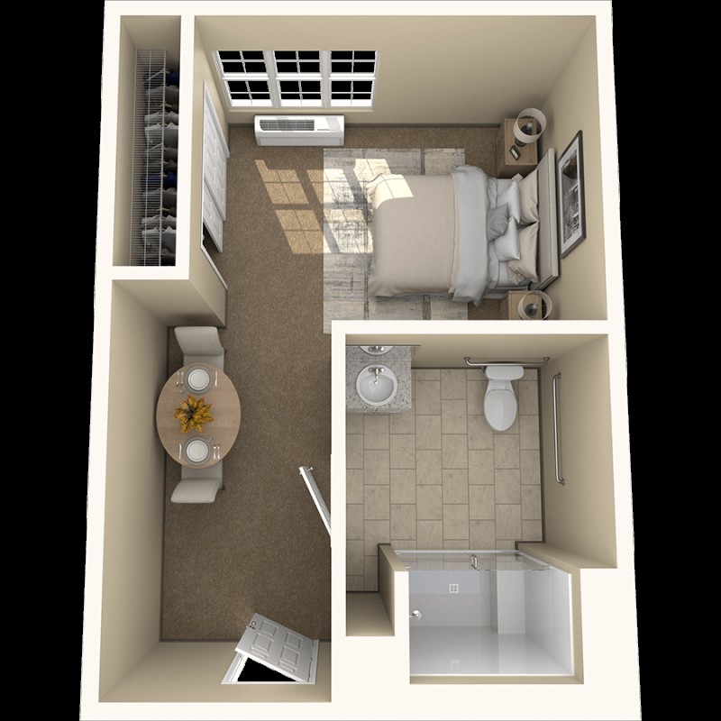 A 3D floor plan of a compact studio apartment with a bedroom, bathroom, and small dining area.