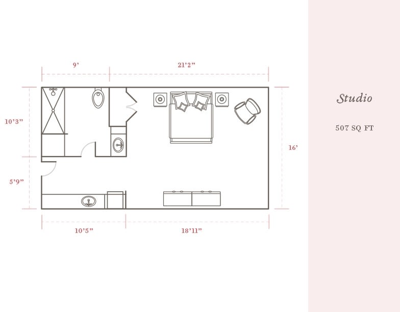 A detailed floor plan of a compact apartment layout, illustrating room sizes and furniture placement.