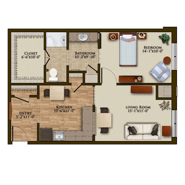 One-bedroom apartment floor plan with living room, kitchen, bathroom, and closet.