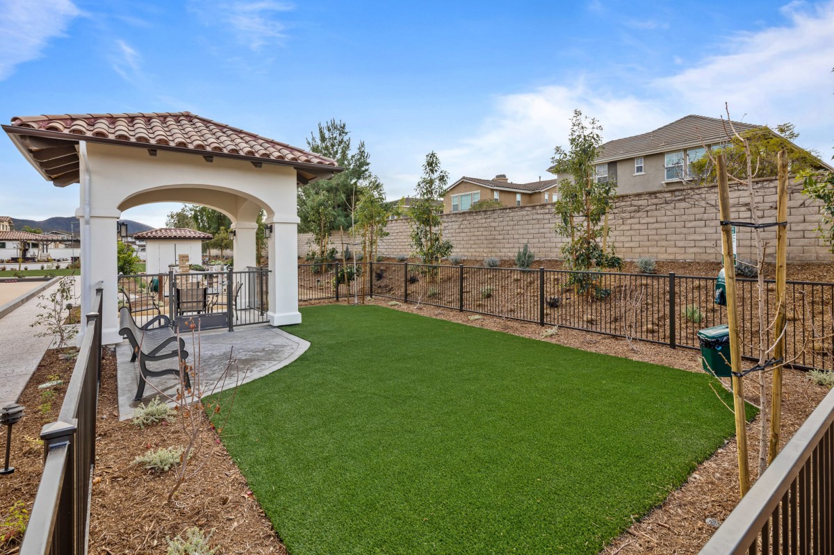 A well-maintained backyard with a lush lawn and a shaded patio area.