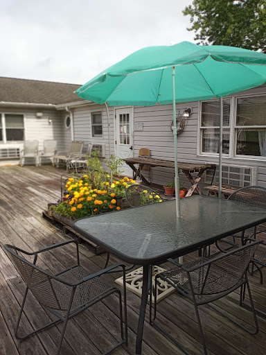 A cozy outdoor patio with a table under a green umbrella, surrounded by blooming flowers.