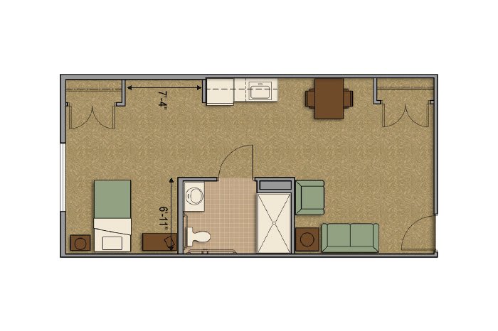 A floor plan showing an apartment layout with a bedroom, bathroom, kitchen, and living area.