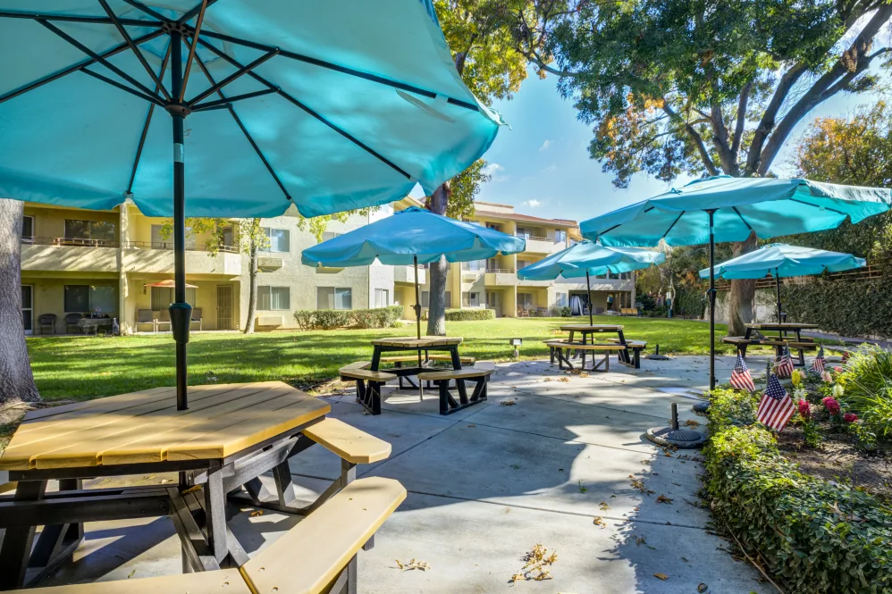 A sunny outdoor area with picnic tables and blue umbrellas, surrounded by grass and trees.