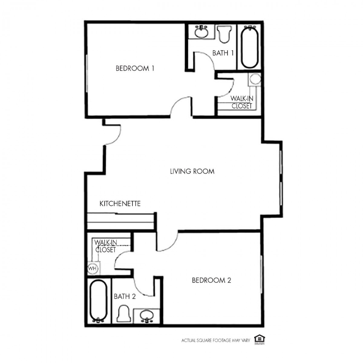 A two-bedroom apartment floor plan featuring a living room, kitchen, and two bathrooms.