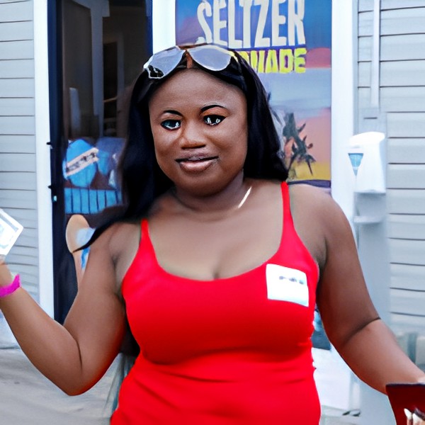 A woman wearing a red shirt and sunglasses, standing outside with a name tag.