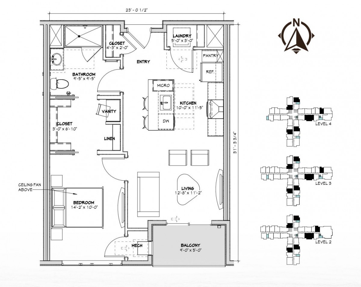 A detailed architectural floor plan of an apartment showing room layouts and dimensions.