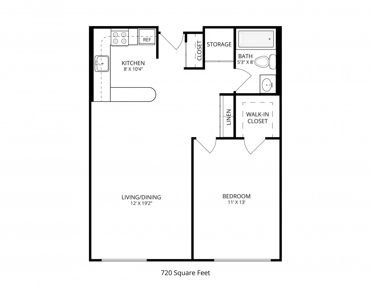 A floor plan of a one-bedroom apartment with a kitchen, living room, bathroom, and walk-in closet.