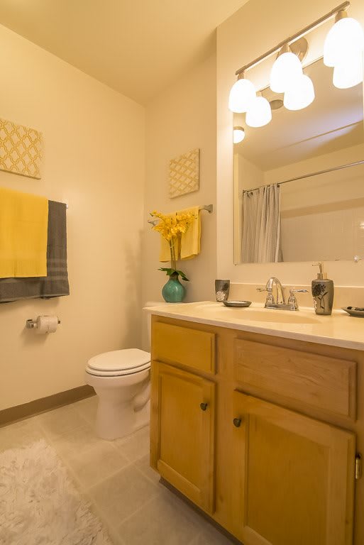 A cozy bathroom with yellow accents, featuring a sink, mirror, and toilet.